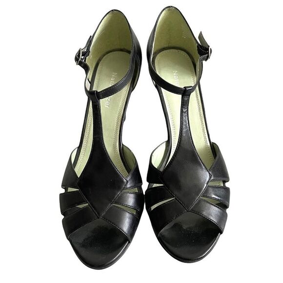 𝅺NATURALIZER Parfait Leather Ankle T-Strap Peep Toe Heels Sandals Black 7 - Picture 4 of 9